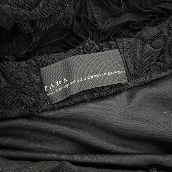 Zara Evening Strapless Dress Size S City Party Bodycon Black Raised Tulle Roses - Picture 11 of 14